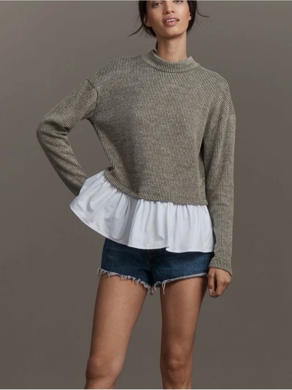 Maeve Anthropologie Long-Sleeve Bow-Back Twofer Peplum Top Olive - Large - Picture 3 of 15